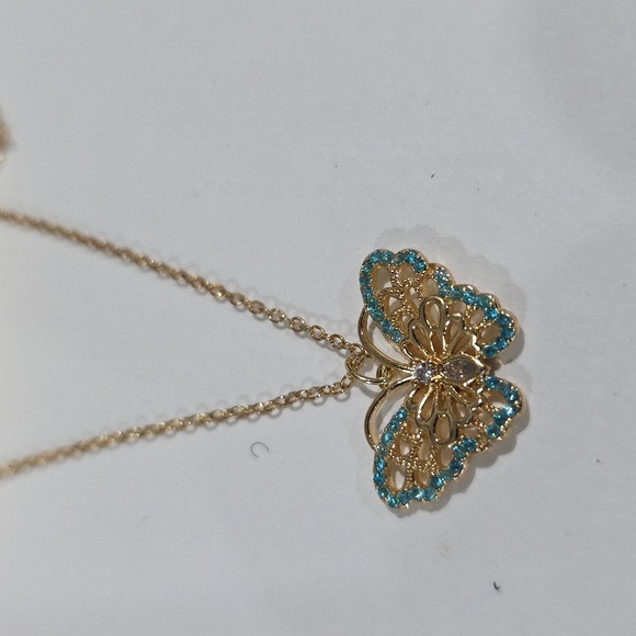 Gold Turquoise Butterfly Pendant Necklace & Stud Earrings Set – Women’s Jewelry - Picture 4 of 8